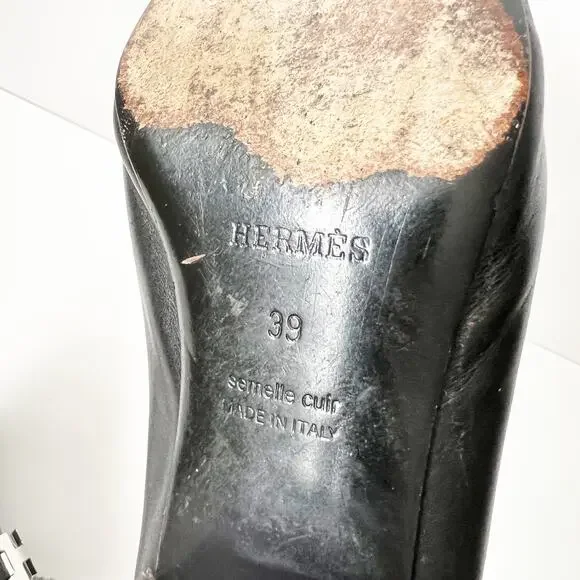 Hermes Black Logo Leather Mules Heels Pumps Slip On Shoes Size 39 / 7.5